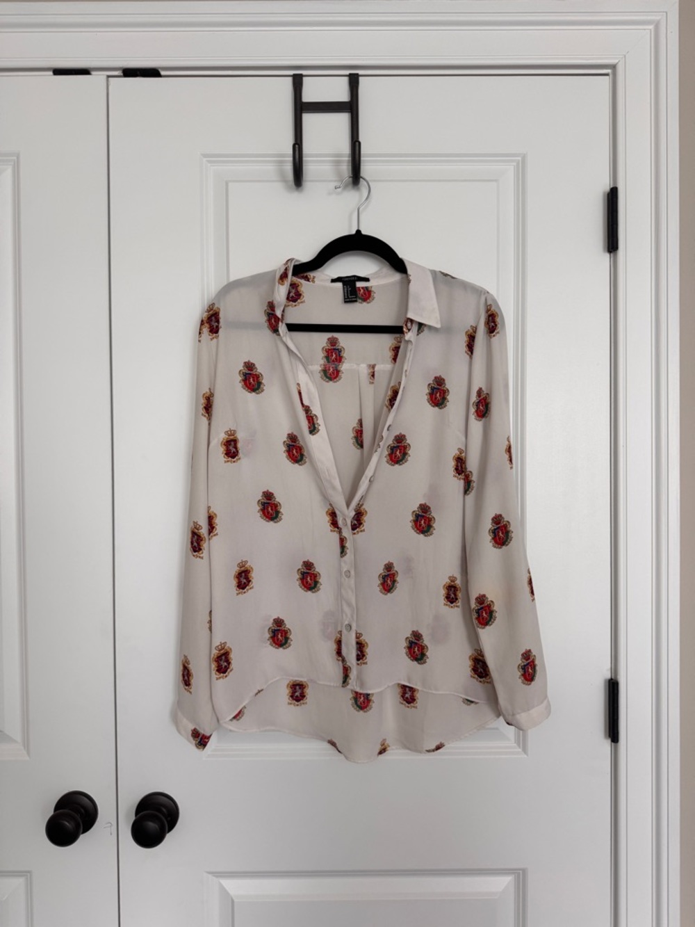 Forever 21 Cream Button-Down Blouse with Red & Gold Crest Print